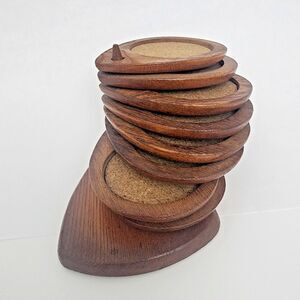 8 Hand carved Teardrop Hardwood Cork Coasters Stand Brown JapanSere Wood Stamped